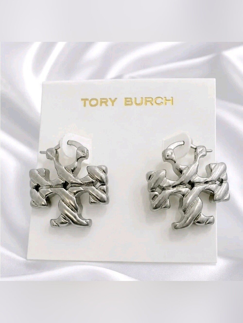 Tory Burch Silver Braided Logo Stud Earrings